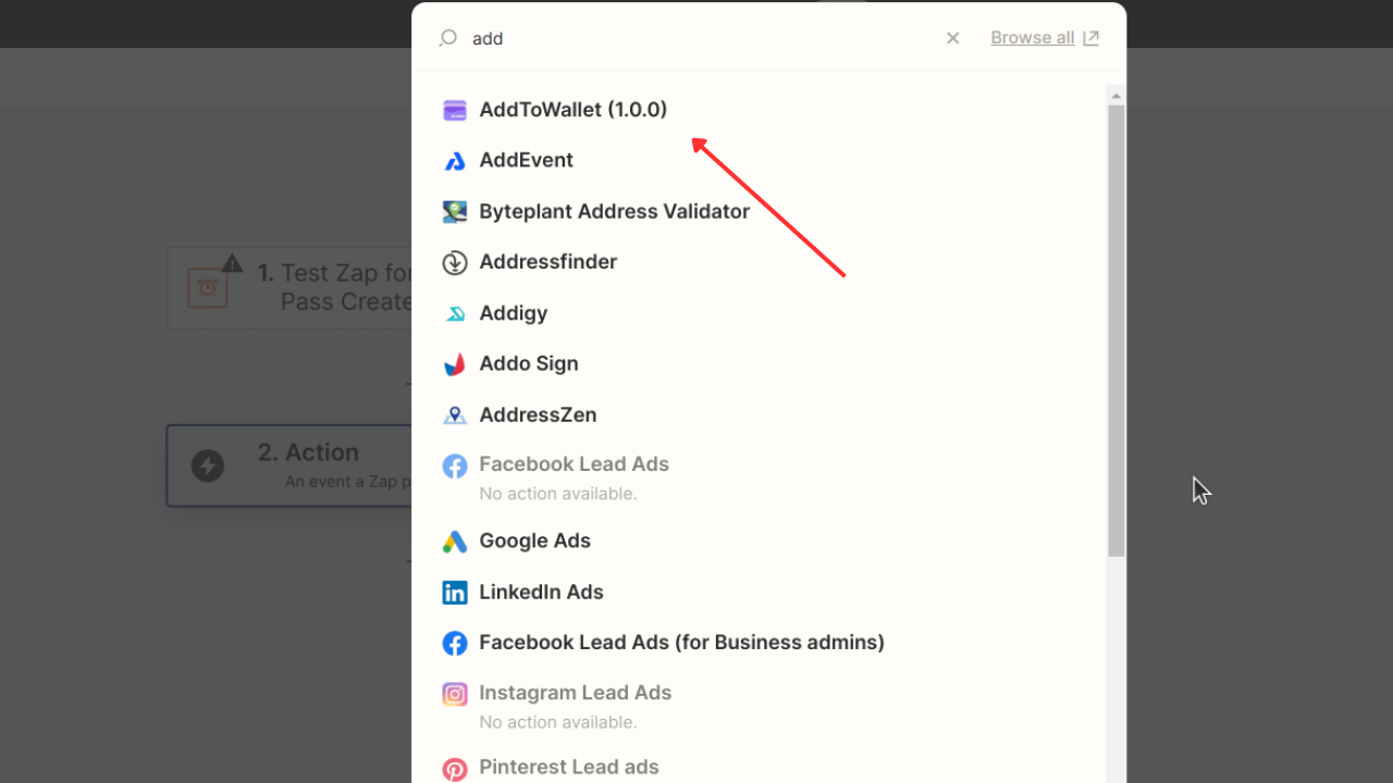 Step 1 - Select AddToWallet in Zapier